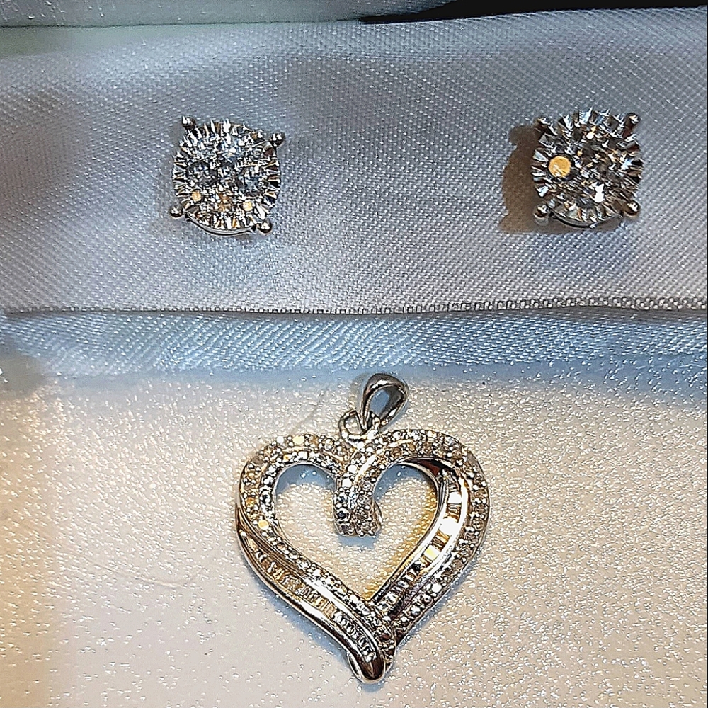 Authentic half carat diamond earrings and 3/4 carat diamond heart pendant